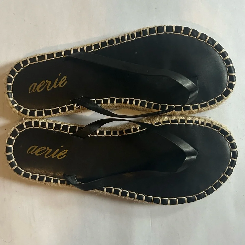 Aerie American Eagle Black Espadrille Flip Flops Thong Sandals Vacation Sz 9 EUC